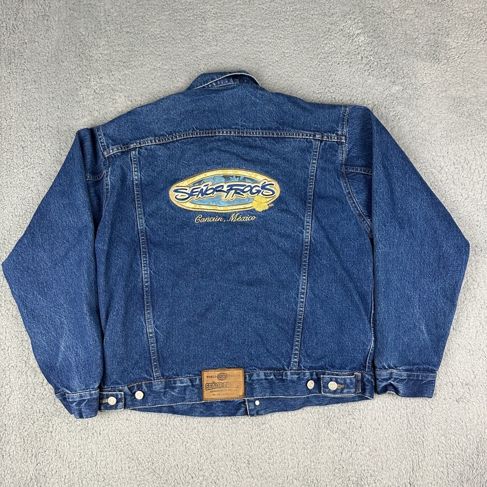 Vintage Senor Frogs Denim Jacket Mens 38 Small Blue Cancun Mexico Jean Trucker
